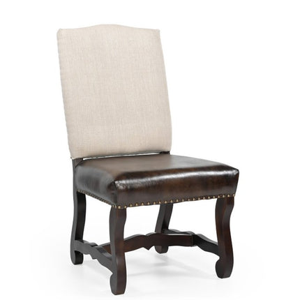Set of Two Cream and Dark Brown Wood Leather And Linen Dining Side Chairs