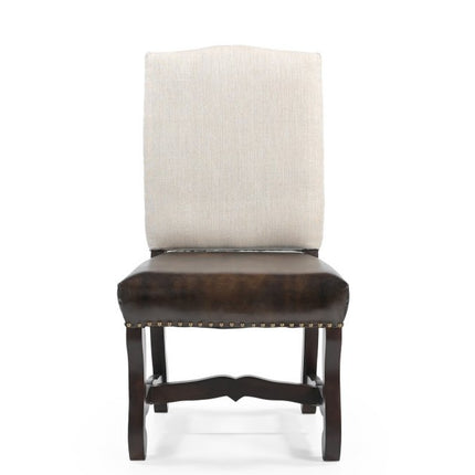 Set of Two Cream and Dark Brown Wood Leather And Linen Dining Side Chairs