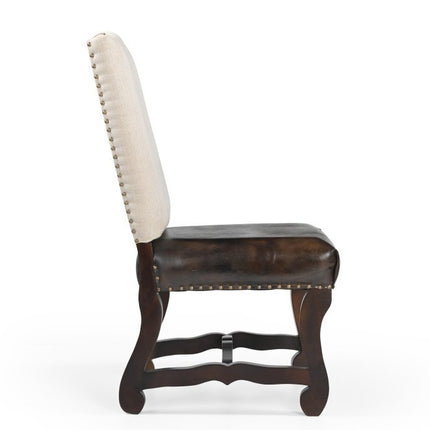Set of Two Cream and Dark Brown Wood Leather And Linen Dining Side Chairs