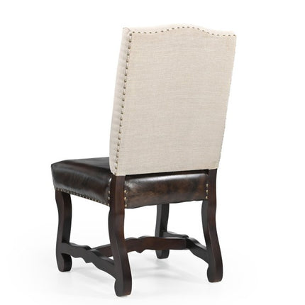 Set of Two Cream and Dark Brown Wood Leather And Linen Dining Side Chairs