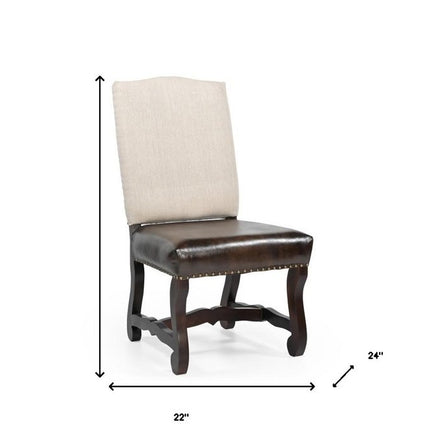 Set of Two Cream and Dark Brown Wood Leather And Linen Dining Side Chairs