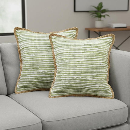 Set of Two 20" Green Beach Striped Cotton Blend Throw Pillows HomeRoots