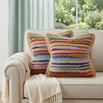 Set of Two 20" Blue Red And Natural Striped Cotton And Jute Throw Pillows HomeRoots