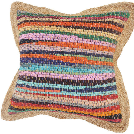 Set of Two 20" Blue Red And Natural Striped Cotton And Jute Throw Pillows HomeRoots