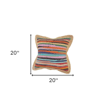 Set of Two 20" Blue Red And Natural Striped Cotton And Jute Throw Pillows HomeRoots