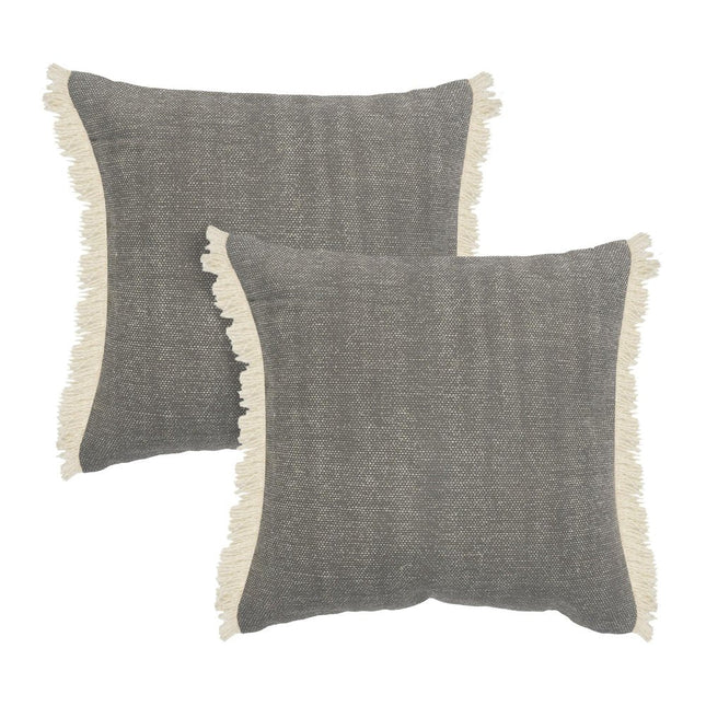 Set of Two 20" Gray And Off White Cotton Throw Pillows with Fringe HomeRoots