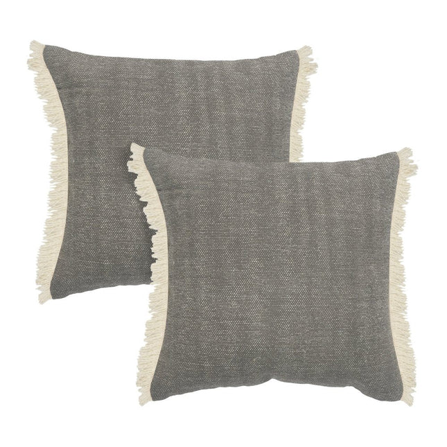 Set of Two 20" Gray And Off White Cotton Throw Pillows with Fringe HomeRoots