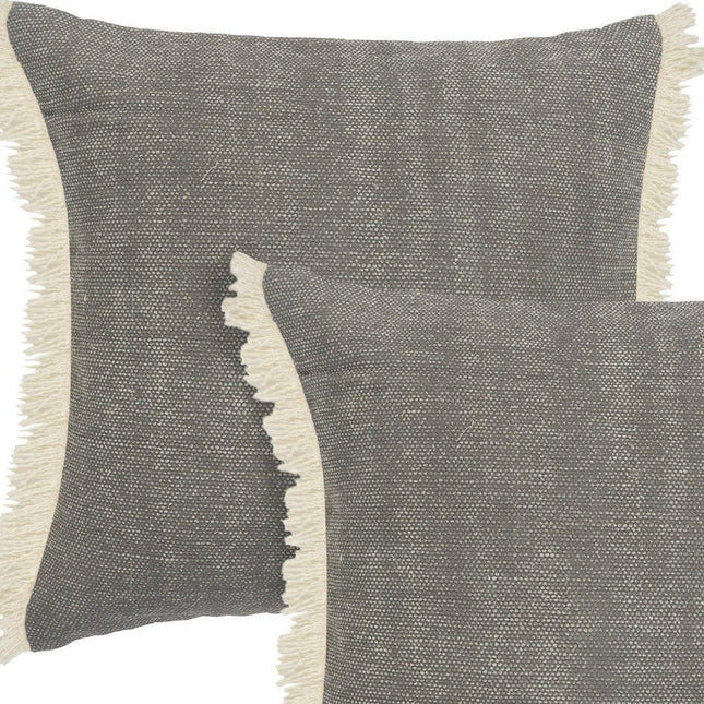 Set of Two 20" Gray And Off White Cotton Throw Pillows with Fringe HomeRoots