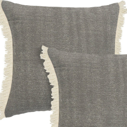 Set of Two 20" Gray And Off White Cotton Throw Pillows with Fringe HomeRoots