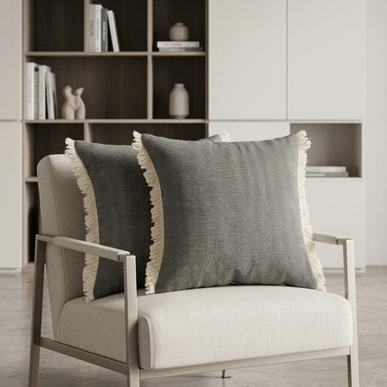 Set of Two 20" Gray And Off White Cotton Throw Pillows with Fringe HomeRoots