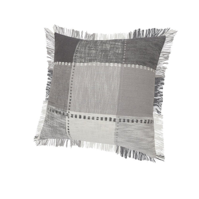 Set of Two 20" Gray And Off White Plaid Cotton Blend Throw Pillows with Fringe HomeRoots