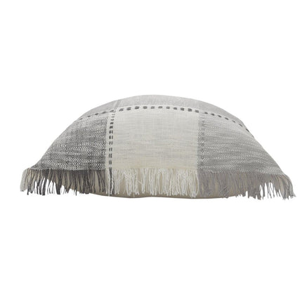 Set of Two 20" Gray And Off White Plaid Cotton Blend Throw Pillows with Fringe HomeRoots