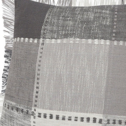 Set of Two 20" Gray And Off White Plaid Cotton Blend Throw Pillows with Fringe HomeRoots
