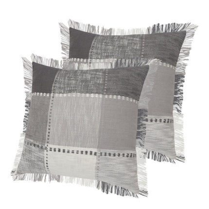 Set of Two 20" Gray And Off White Plaid Cotton Blend Throw Pillows with Fringe HomeRoots