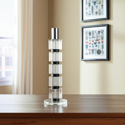 11" Silver Clear And Black Geo Crystal Tabletop Taper Candlestick HomeRoots