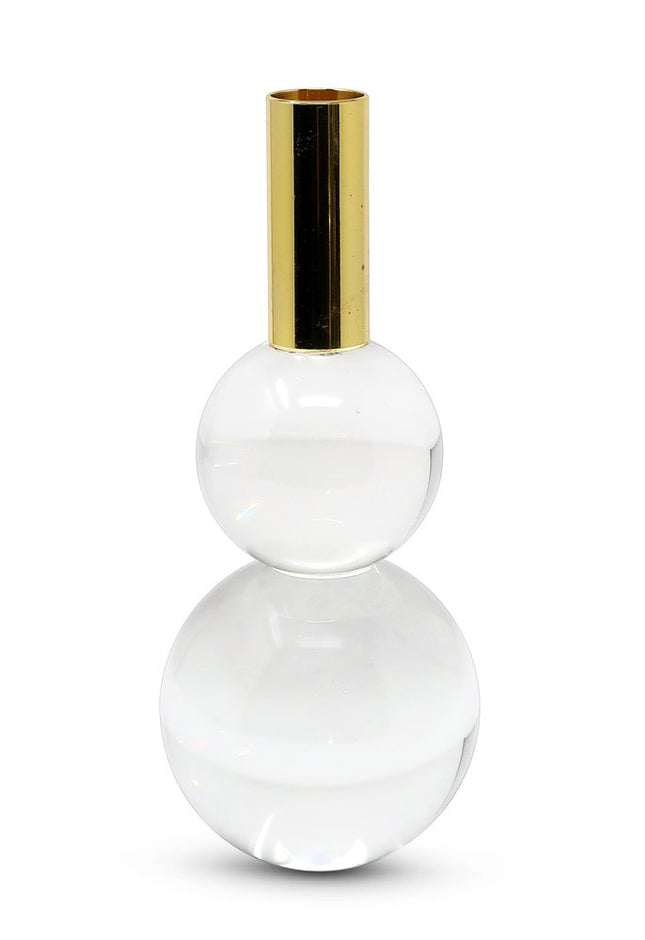 Set of Two Clear And Gold Geo Orbs Crystal Tabletop Taper Candlesticks