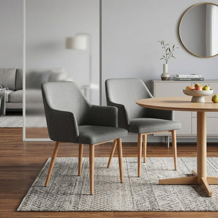 Set of Two Gray and Natural Faux Leather Dining Arm Chairs