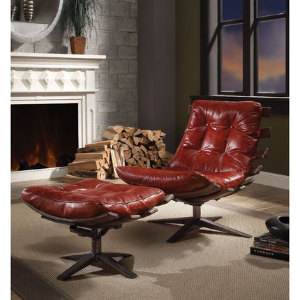 ACME 59531 Gandy 2 Piece Pack Chair & Ottoman, Antique Red Top Grain Leather