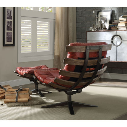 ACME 59531 Gandy 2 Piece Pack Chair & Ottoman, Antique Red Top Grain Leather