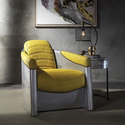 ACME 59624 Brancaster Accent Chair, Yellow Top Grain Leather & Aluminum