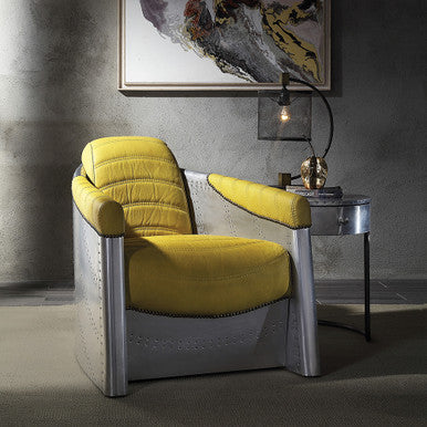 ACME 59624 Brancaster Accent Chair, Yellow Top Grain Leather & Aluminum ACME Furniture