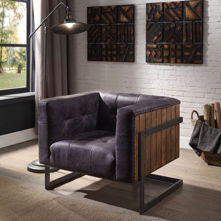 ACME 59667 Sagat Accent Chair, Antique Ebony Top Grain Leather & Rustic Oak