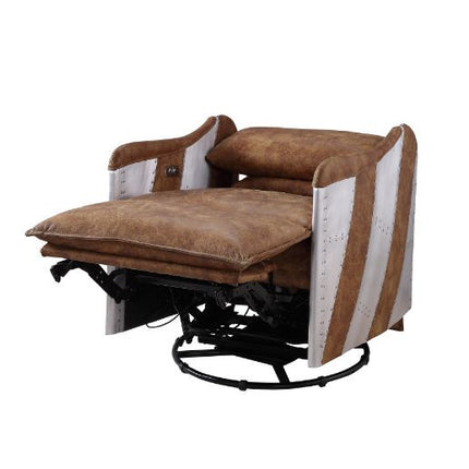 ACME 59942 Qalurne Power Recliner with Swivel Function, 2-Tone Mocha Top Grain Leather & Aluminum