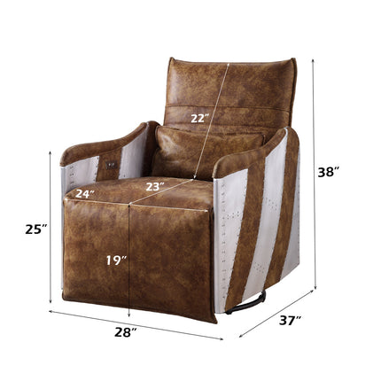 ACME 59942 Qalurne Power Recliner with Swivel Function, 2-Tone Mocha Top Grain Leather & Aluminum