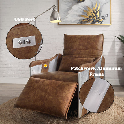 ACME 59942 Qalurne Power Recliner with Swivel Function, 2-Tone Mocha Top Grain Leather & Aluminum