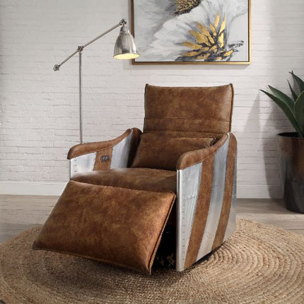 ACME 59942 Qalurne Power Recliner with Swivel Function, 2-Tone Mocha Top Grain Leather & Aluminum