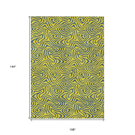 9' X 12' Yellow And Blue Abstract Washable Indoor Outdoor Area Rug