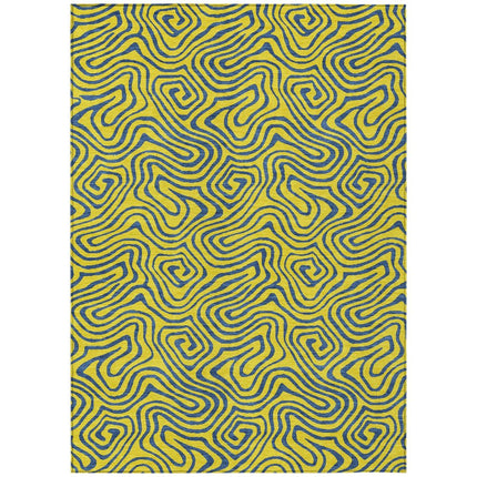 9' X 12' Yellow And Blue Abstract Washable Indoor Outdoor Area Rug