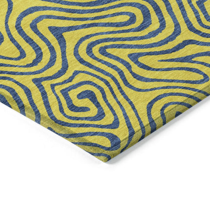 9' X 12' Yellow And Blue Abstract Washable Indoor Outdoor Area Rug