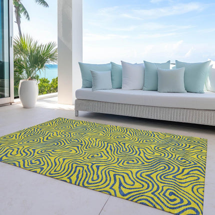 9' X 12' Yellow And Blue Abstract Washable Indoor Outdoor Area Rug