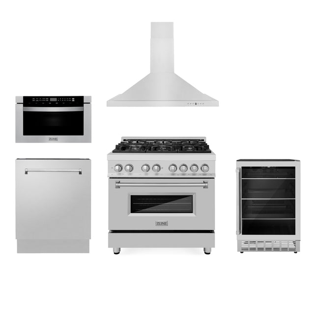 ZLINE 36" Kitchen Package with Stainless Steel Dual Fuel Range, Range Hood, Microwave Drawer, Tall Tub Dishwasher and Beverage Fridge (5KP-RARH36-MWDWV-RBV) Plaza Home Decor