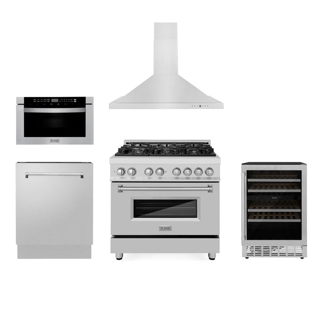 ZLINE 36" Kitchen Package with Stainless Steel Dual Fuel Range, Range Hood, Microwave Drawer, Tall Tub Dishwasher and Wine Cooler (5KP-RARH36-MWDWV-RWV) Plaza Home Decor