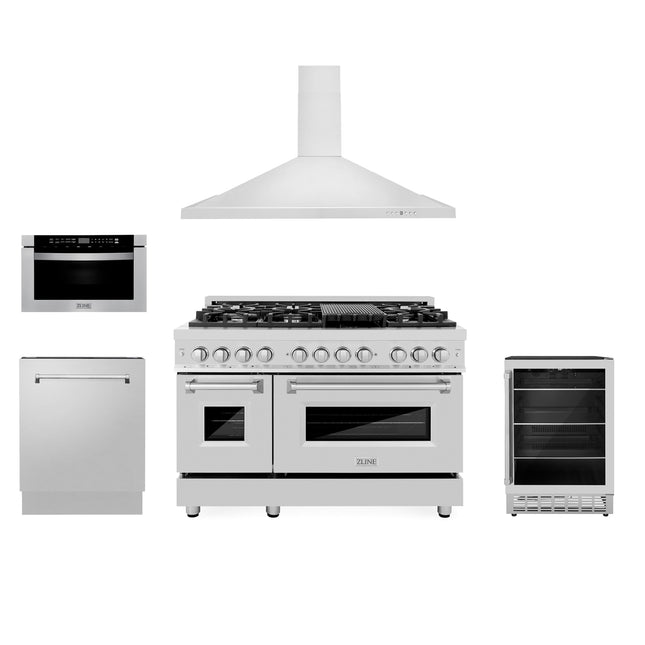 ZLINE 48" Kitchen Package with Stainless Steel Dual Fuel Range, Range Hood, Microwave Drawer, Tall Tub Dishwasher and Beverage Fridge (5KP-RARH48-MWDWV-RBV) Plaza Home Decor