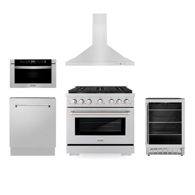 ZLINE 36" Kitchen Package with Stainless Steel Gas Range, Range Hood, Microwave Drawer, Tall Tub Dishwasher and Beverage Fridge (5KP-SGRRH36-MWDWV-RBV) Plaza Home Decor