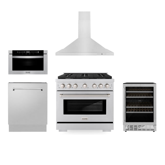 ZLINE 36" Kitchen Package with Stainless Steel Gas Range, Range Hood, Microwave Drawer, Tall Tub Dishwasher and Wine Cooler (5KP-SGRRH36-MWDWV-RWV) Plaza Home Decor