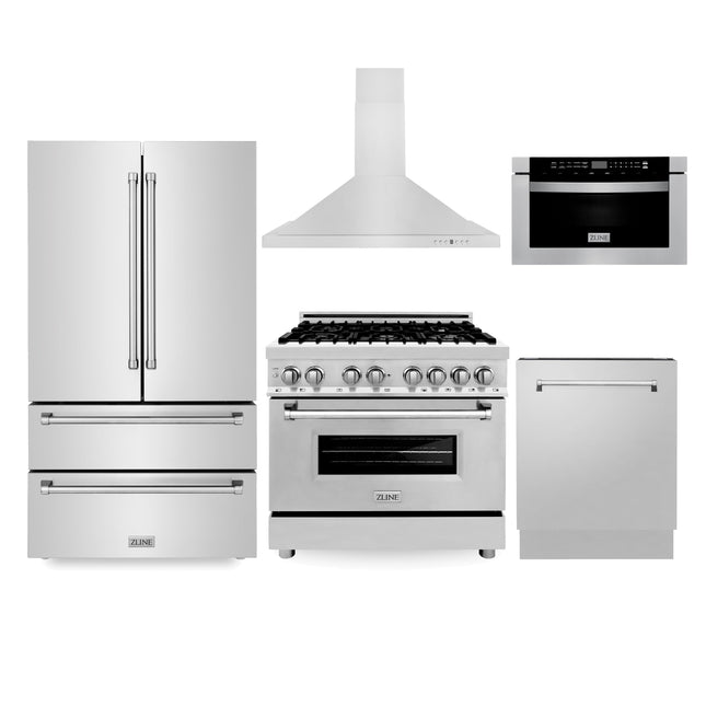 ZLINE Kitchen Package with Refrigeration, 36 in. Stainless Steel Dual Fuel Range, 36 in. Convertible Vent Range Hood, 24 in. Microwave Drawer, and 24 in. Tall Tub Dishwasher (5KPR-RARH36-MWDWV) Zline Appliances