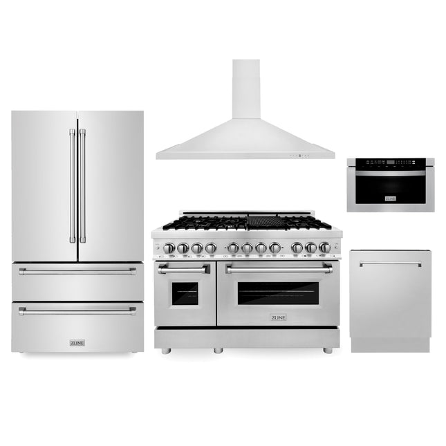 ZLINE Kitchen Package with Refrigeration, 48 in. Stainless Steel Dual Fuel Range, 48 in. Convertible Vent Range Hood, 24 in. Microwave Drawer, and 24 in. Tall Tub Dishwasher (5KPR-RARH48-MWDWV) Zline Appliances