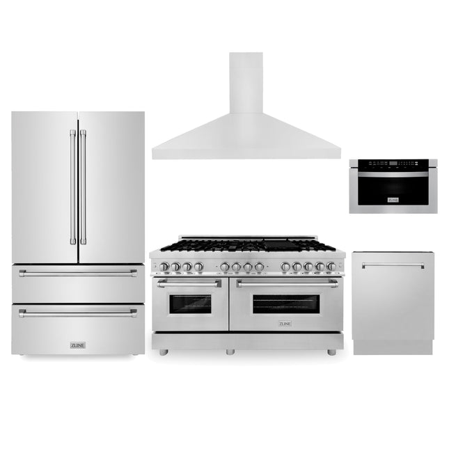 ZLINE Kitchen Package with Refrigeration, 60 in. Stainless Steel Dual Fuel Range, 60 in. Convertible Vent Range Hood, 24 in. Microwave Drawer, and 24 in. Tall Tub Dishwasher (5KPR-RARH60-MWDWV) Zline Appliances