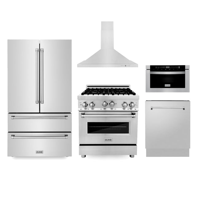 ZLINE Kitchen Package with Refrigeration, 30 in. Stainless Steel Gas Range, 30 in. Convertible Vent Range Hood, 24 in. Microwave Drawer, and 24 in. Tall Tub Dishwasher (5KPR-RGRH30-MWDWV) Zline Appliances
