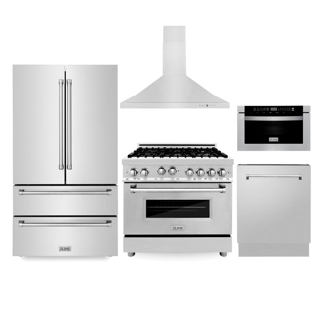 ZLINE Kitchen Package with Refrigeration, 36 in. Stainless Steel Gas Range, 36 in. Convertible Vent Range Hood, 24 in. Microwave Drawer, and 24 in. Tall Tub Dishwasher (5KPR-RGRH36-MWDWV) Zline Appliances