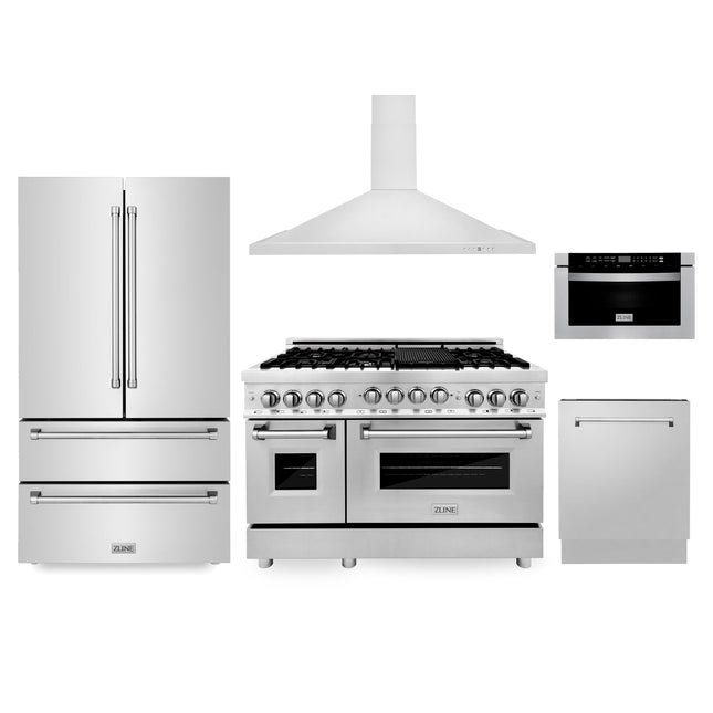 ZLINE Kitchen Package with Refrigeration, 48 in. Stainless Steel Gas Range, 48 in. Convertible Vent Range Hood, 24 in. Microwave Drawer, and 24 in. Tall Tub Dishwasher (5KPR-RGRH48-MWDWV) Zline Appliances