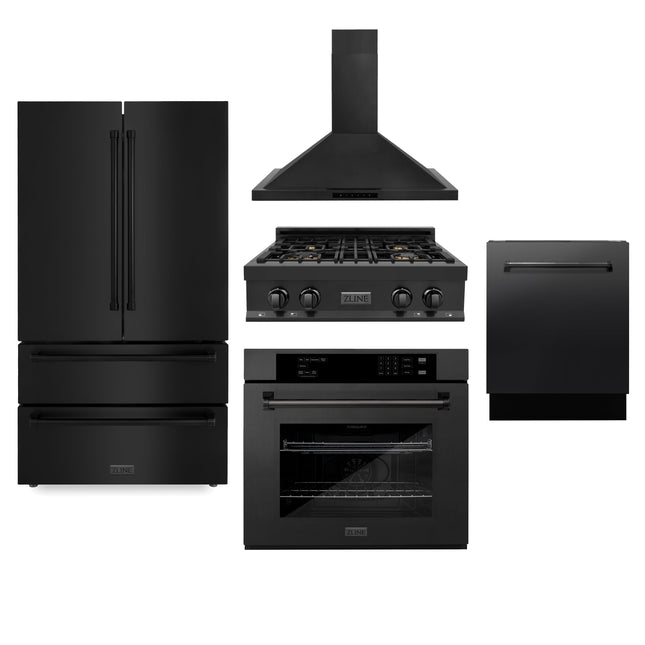 ZLINE Kitchen Package with Black Stainless Steel Refrigeration, 30" Rangetop, 30" Range Hood, 30" Single Wall Oven, and 24" Tall Tub Dishwasher Zline Appliances