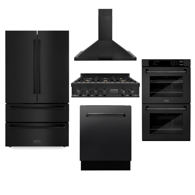 ZLINE Kitchen Package with Refrigeration, 36 in. Black Stainless Steel Gas Range, 36 in. Convertible Vent Range Hood, 30 in. Double Wall Oven, and 24 in. Tall Tub Dishwasher (5KPR-RTBRH36-AWDDWV) Zline Appliances