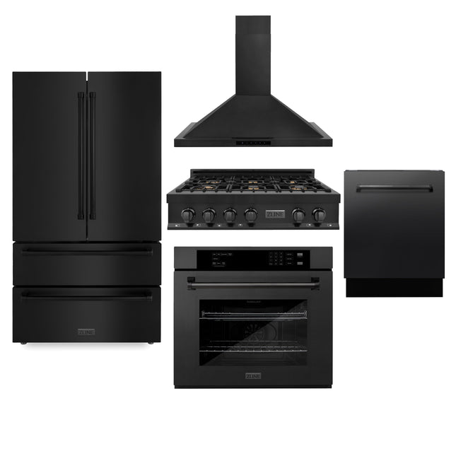 ZLINE Kitchen Package with Refrigeration, 36 in. Black Stainless Steel Gas Rangetop, 36 in. Convertible Vent Range Hood, 30 in. Single Wall Oven, and 24 in. Tall Tub Dishwasher (5KPR-RTBRH36-AWSDWV) Zline Appliances