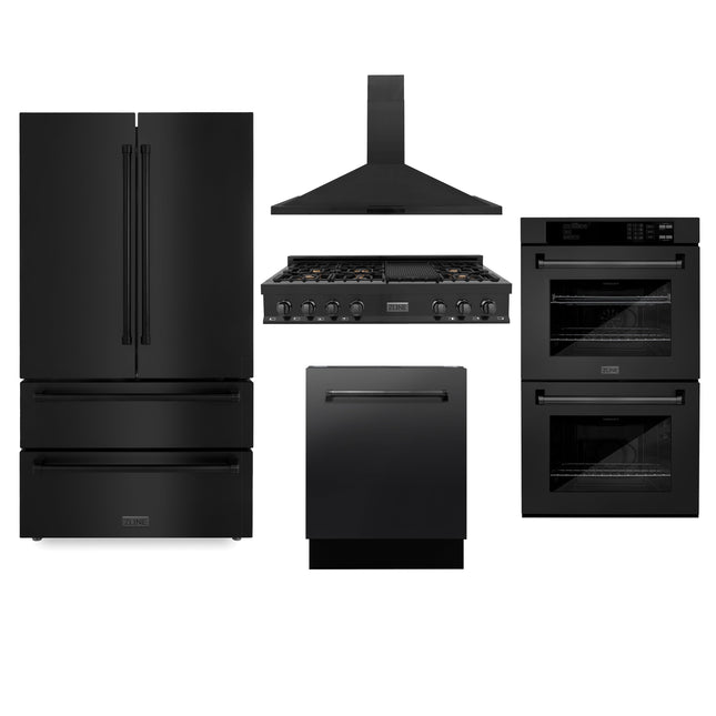 ZLINE Kitchen Package with Refrigeration, 48 in. Black Stainless Steel Gas Rangetop, 48 in. Convertible Vent Range Hood, 30 in. Double Wall Oven, and 24 in. Tall Tub Dishwasher (5KPR-RTBRH48-AWDDWV) Zline Appliances