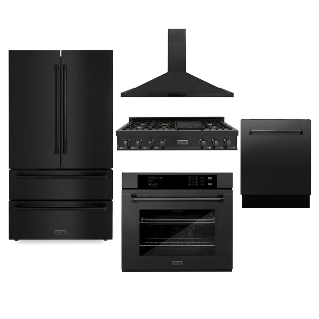 ZLINE Kitchen Package with Refrigeration, 48 in. Black Stainless Steel Gas Rangetop, 48 in. Convertible Vent Range Hood, 30 in. Single Wall Oven, and 24 in. Tall Tub Dishwasher (5KPR-RTBRH48-AWSDWV) Zline Appliances